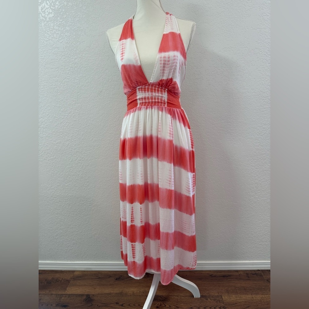 HEM & THREAD Coral WHITE Halter Maxi Dress Rayon Smocked Size M